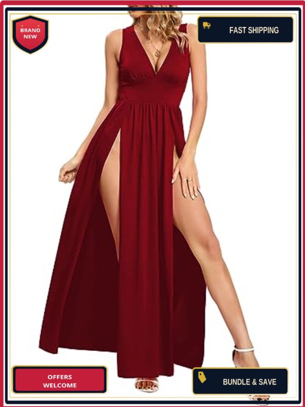 Women's Sexy Double High Slit Flowy Maxi Dress Club Party Sleeveless V-Neck